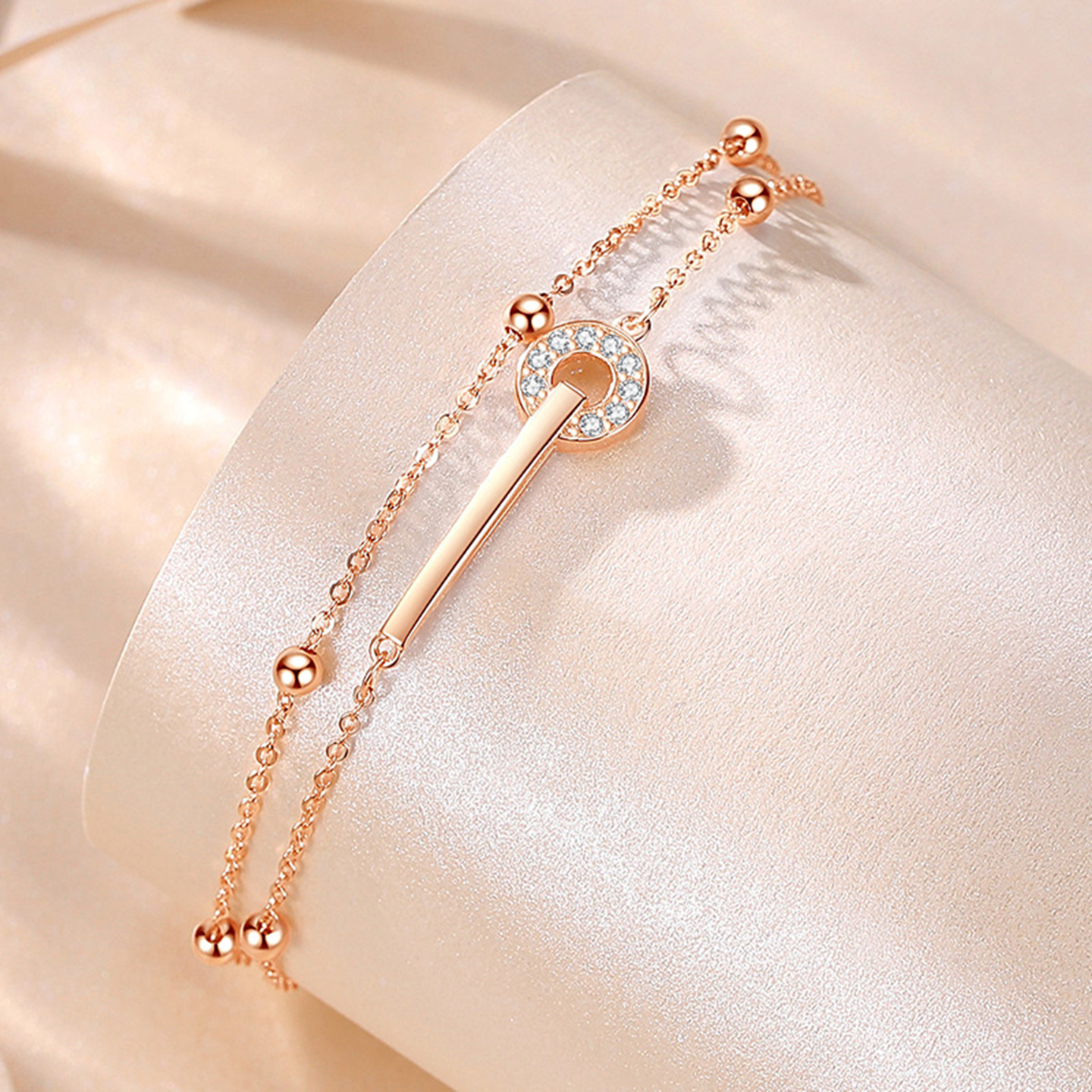 韩版韩系手链S925纯银一字镶钻双层环扣手链女新款简约纯银手饰