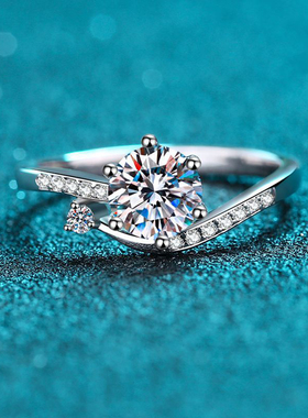 时尚S925银纽扣雪花戒指时尚简约风超闪1克拉莫桑钻戒指结婚饰品