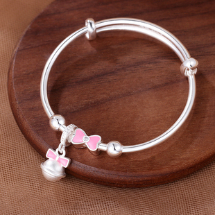 9999足银粉色蝴蝶结中大童手镯小女孩卡通大童学生纯银镯子4-12岁