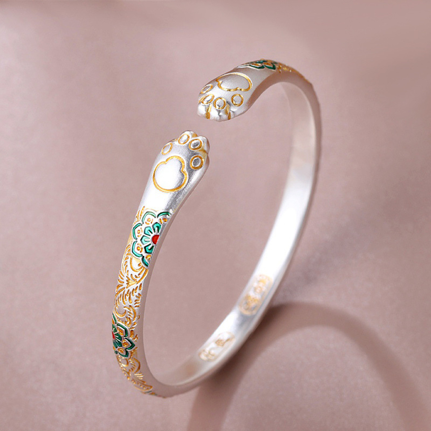 足银9999描金卷草纹珐琅手镯女新中式唐草猫爪纯银镯子氛围感手环,饰品/流行首饰/时尚饰品新,银饰手镯,淘宝优惠券,粉丝福利购,淘宝优惠卷