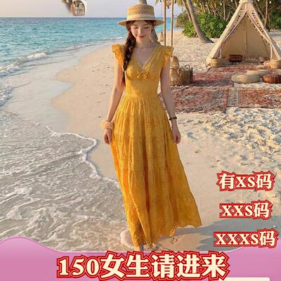 小个子春装女装XXXS加小码150cm显高v领小飞袖收腰连衣裙蕾丝裙女