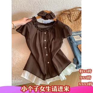 加小码XXXS女装夏装矮个子150cm显高圆领衬衫衬衣网纱拼接假两件