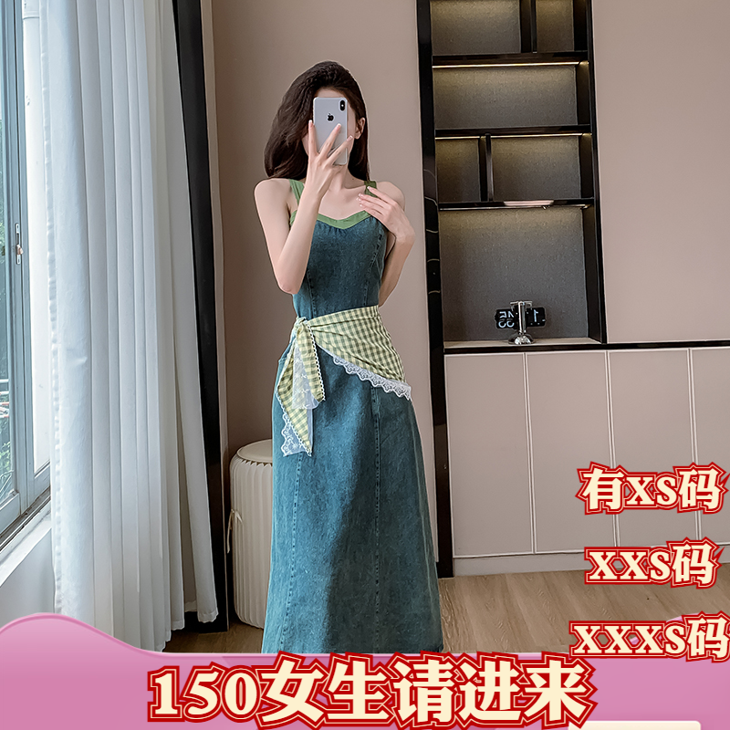 155小个子XXXS矮个子夏季150cm女装牛仔连衣裙吊带裙V领高腰减龄