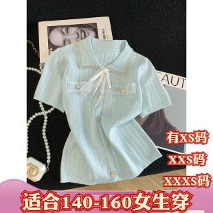 夏装小个子155cm150显高XXXS女装打底衫系带短袖针织衫女纽扣开衫