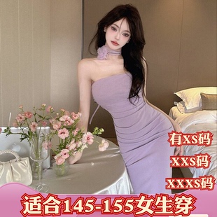 春季 网纱褶皱连衣裙高级感收腰礼服裙 155cm矮个子150显高XXXS女装