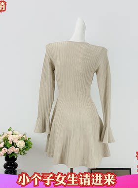 秋季矮个子XXS女装150cm小个子新款针织连衣裙V领长袖收腰短裙子
