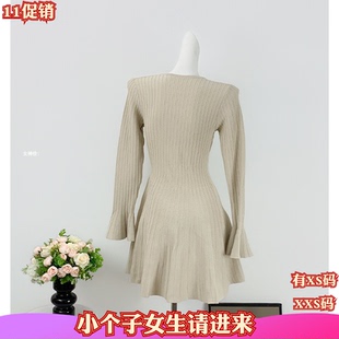 秋季矮个子XXS女装150cm小个子新款针织连衣裙V领长袖收腰短裙子