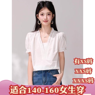 夏季矮个子娇小XXXS小个子155女装V领镂空花边泡泡袖衬衫上衣短袖