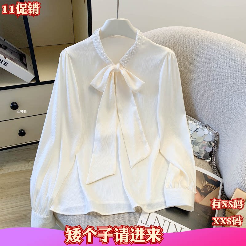 女装秋装加小码150cm新款矮个子XXS缎面蝴蝶结雪纺衬衫长袖