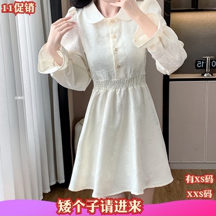 加小码XXS女装小矮个子新款秋装泡泡袖雪纺收腰连衣裙时尚裙