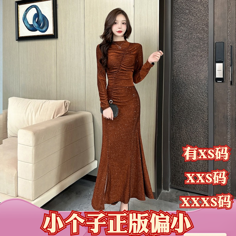 冬装150小矮个子女装155cm显高XXXS加小码包臀高腰开衩收腰连衣裙