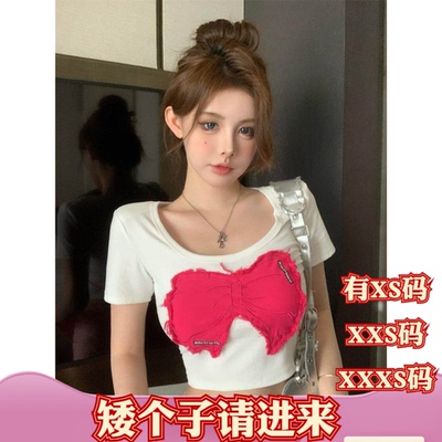 加小码女装夏装150cm矮个子显高XXXS蝴蝶贴布印花美式短袖上衣女