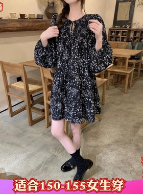 加小码150cm新款秋装女装矮个子XXS碎花长袖连衣裙女A字裙时尚裙