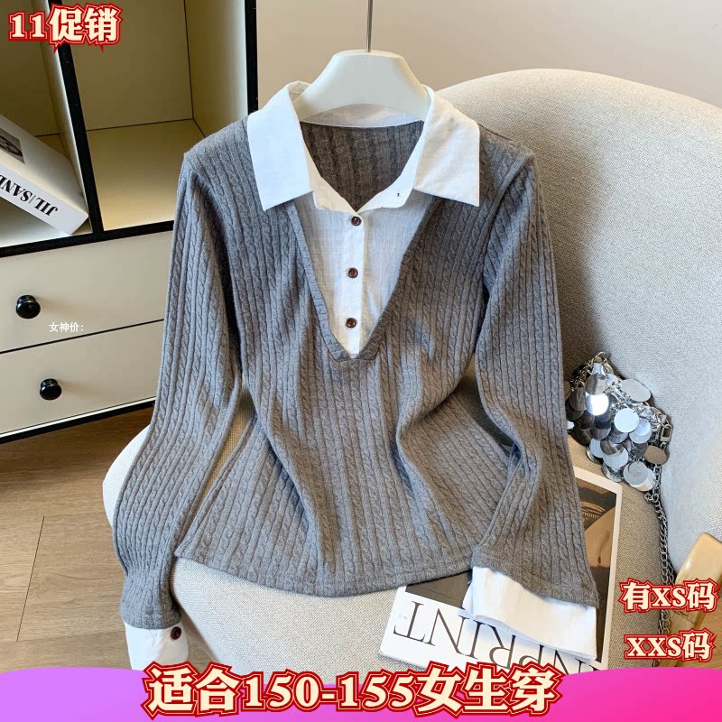 加小码女装秋装小个子150cm新款XXS假两件衬衫拼接针织衫毛衣