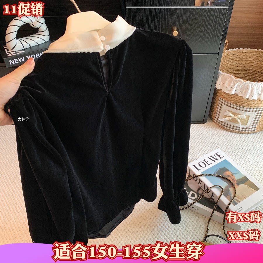 小个子150cm新款加小码女装秋装XXS蝴蝶结丝绒衬衫长袖打底衫女