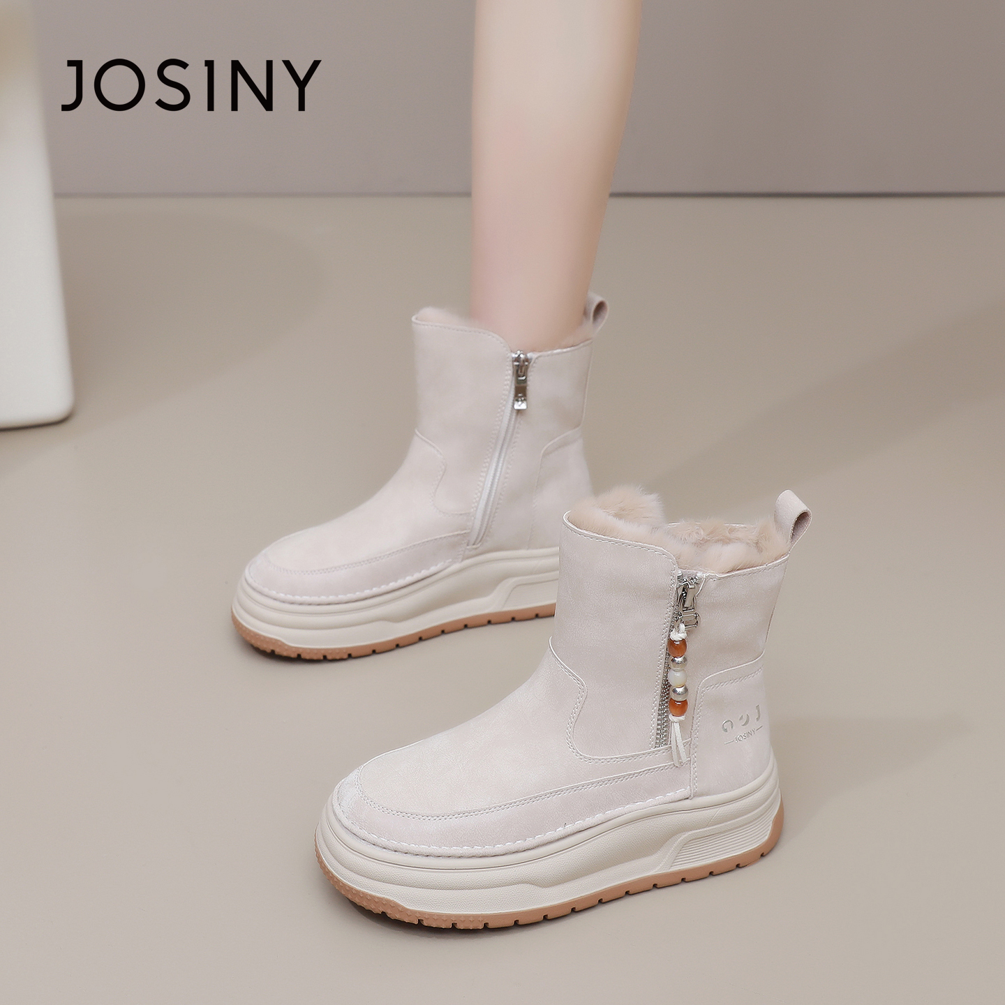 卓诗尼2025秋冬新款厚底短筒靴时尚舒适休闲棉鞋潮流保暖雪地靴女