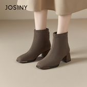 卓诗尼2025秋冬新款 潮流后拉链气质短筒靴 粗跟瘦瘦靴舒适女靴时尚