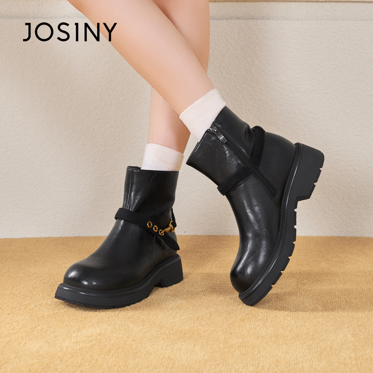 卓诗尼2025秋冬新款厚底短筒靴时尚舒适侧拉链女靴潮流显瘦时装靴