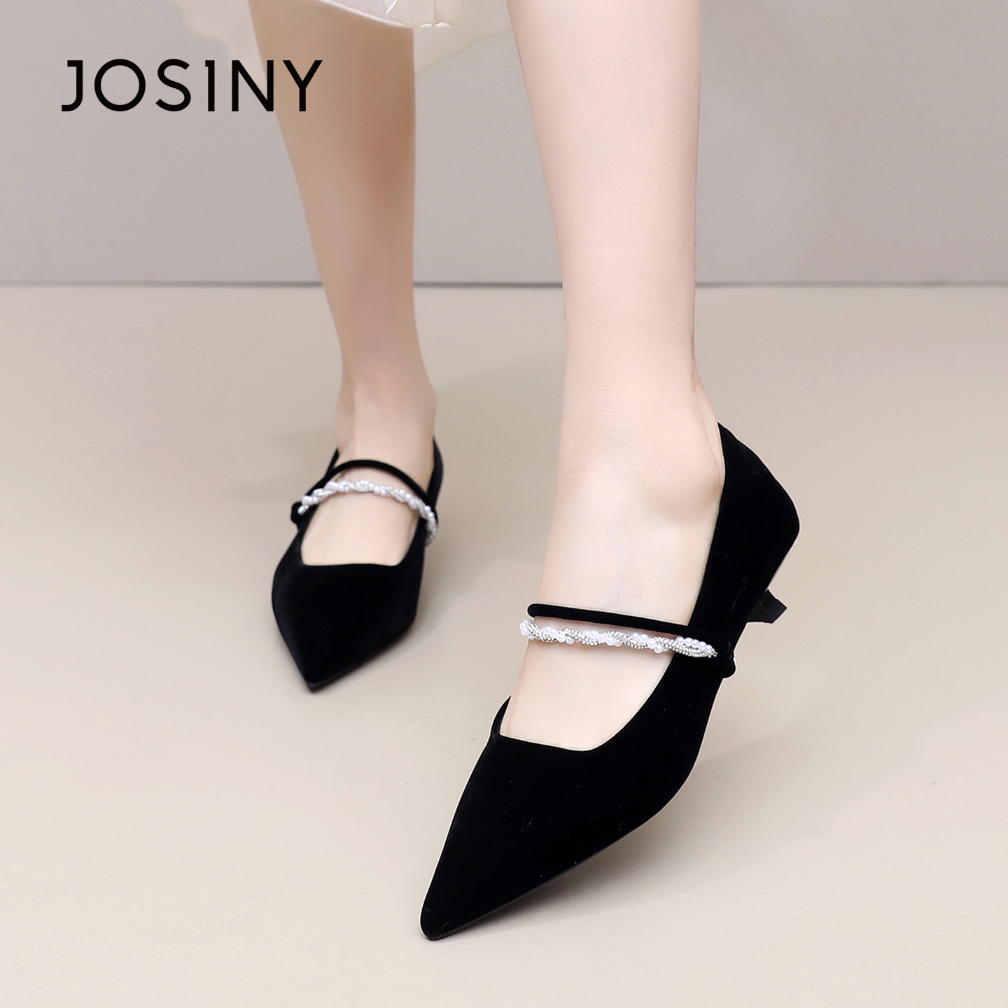 卓诗尼尖头法式单鞋女2026新款春季中跟鞋法式浅口细跟玛丽珍女鞋