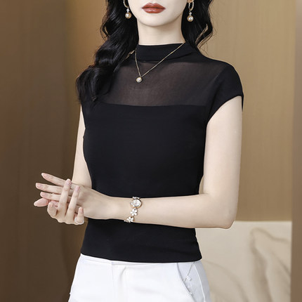 薄款冰丝背心半高领短袖t恤女2026夏网纱黑色无袖上衣法式外穿