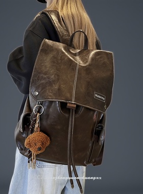 2025新美式复古风皮质双肩包男女通用大容量通勤电脑包高级感背包