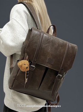 双肩包男大容量潮牌旅行PU皮背包女休闲大学生书包时尚百搭电脑包