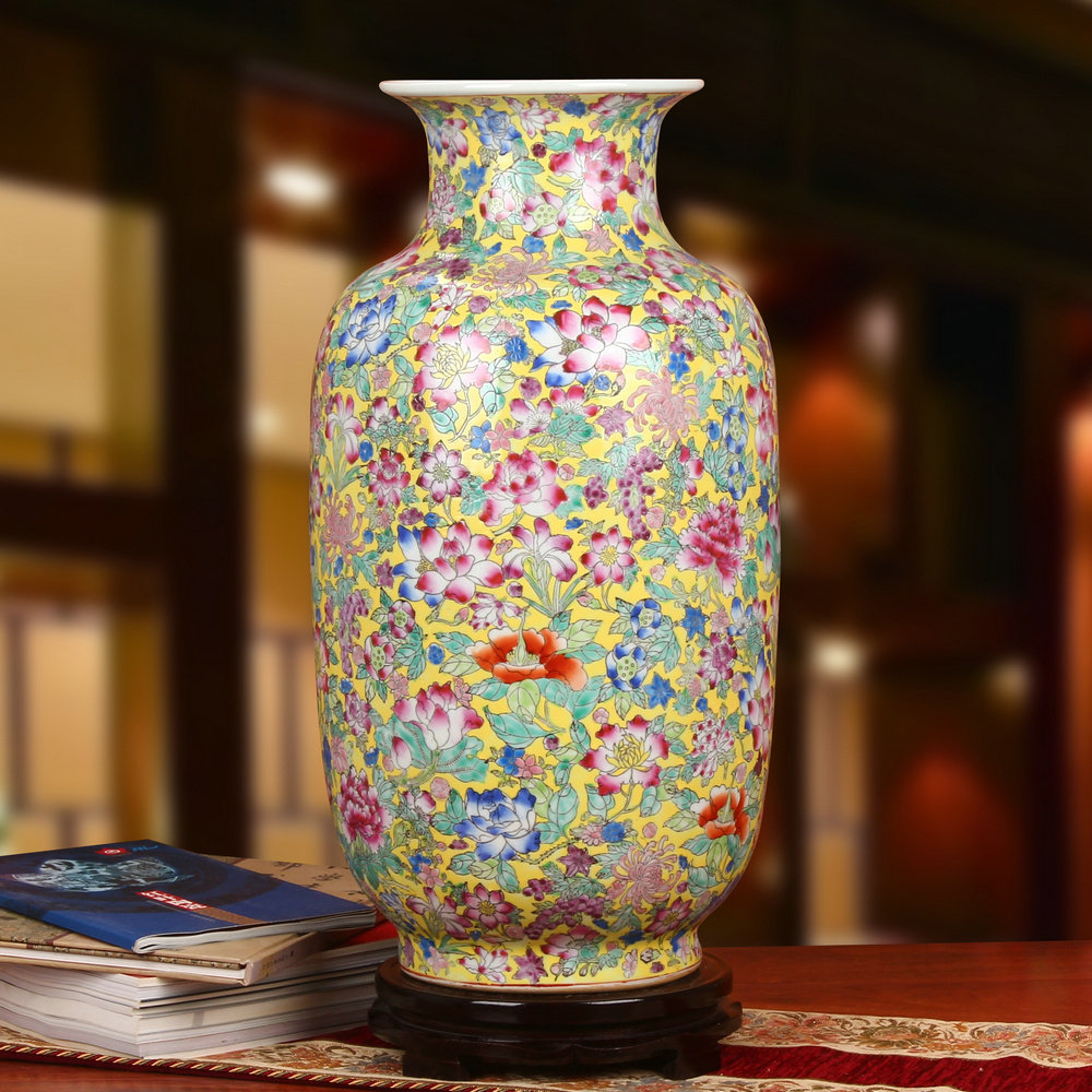 景德镇陶瓷器 高档精品手绘粉彩黄底万花牡丹中式家居落地大花瓶,家居饰品,花瓶,淘宝优惠券,粉丝福利购,淘宝优惠卷
