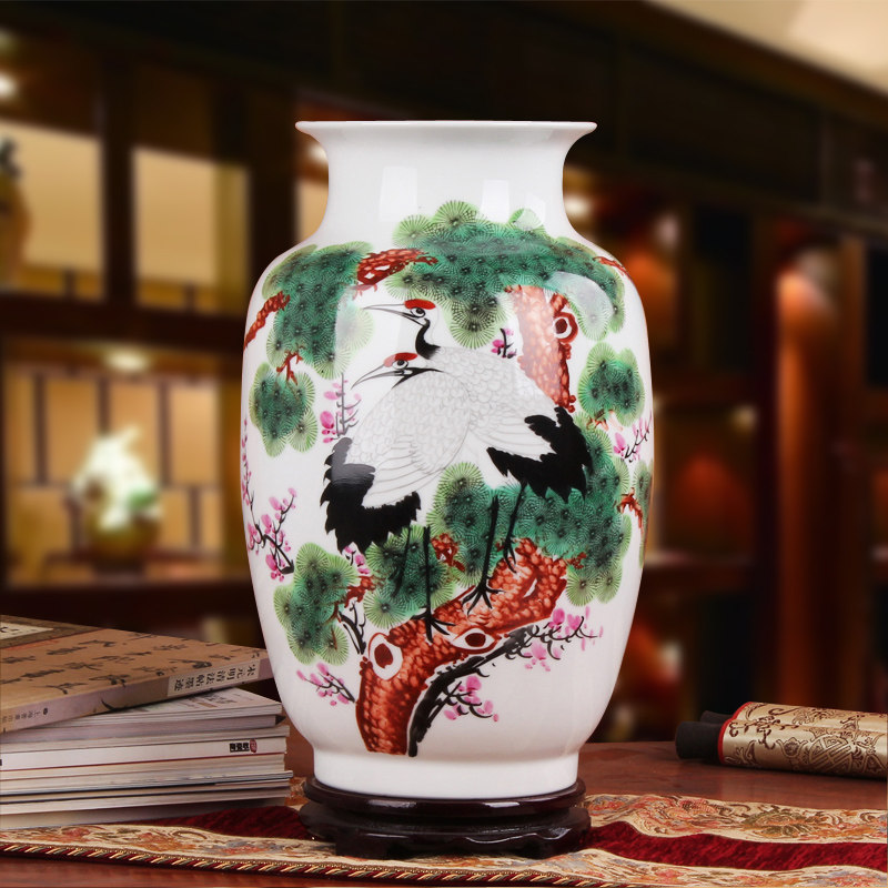 名家胡慧中 景德镇陶瓷器花瓶 高档礼品瓷手绘粉彩松鹤同春东瓜瓶