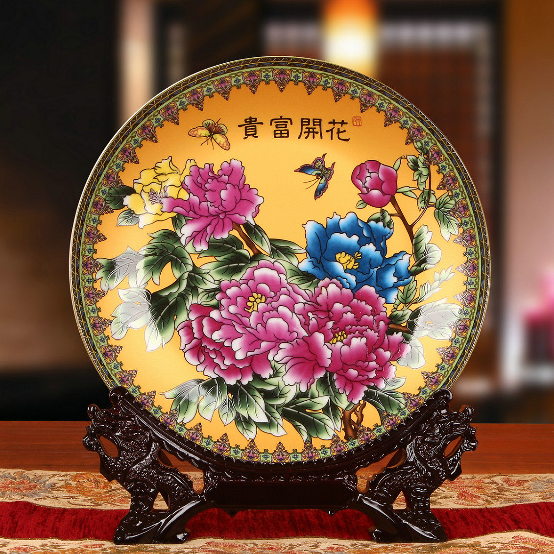 JINGDEZHEN 도자기 금 꽃 피는 풍부한 모란 앉아 접시 교수형 접시 꽃 접시 중국 스타일 가정 공예 장식품