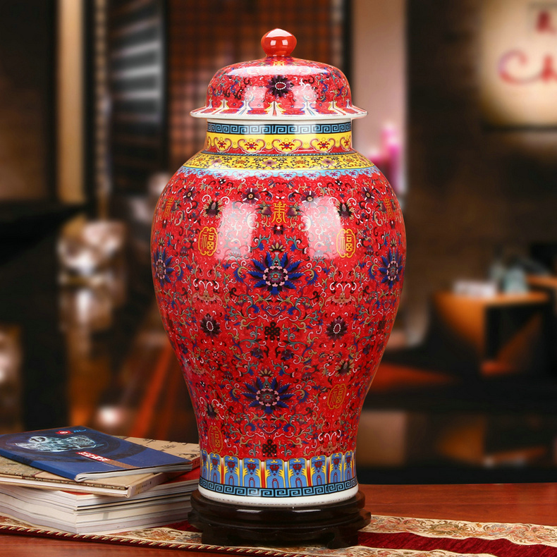 景德镇陶瓷器珐琅彩瓷中国红福寿大将军罐花瓶古典中式家居摆件-封面