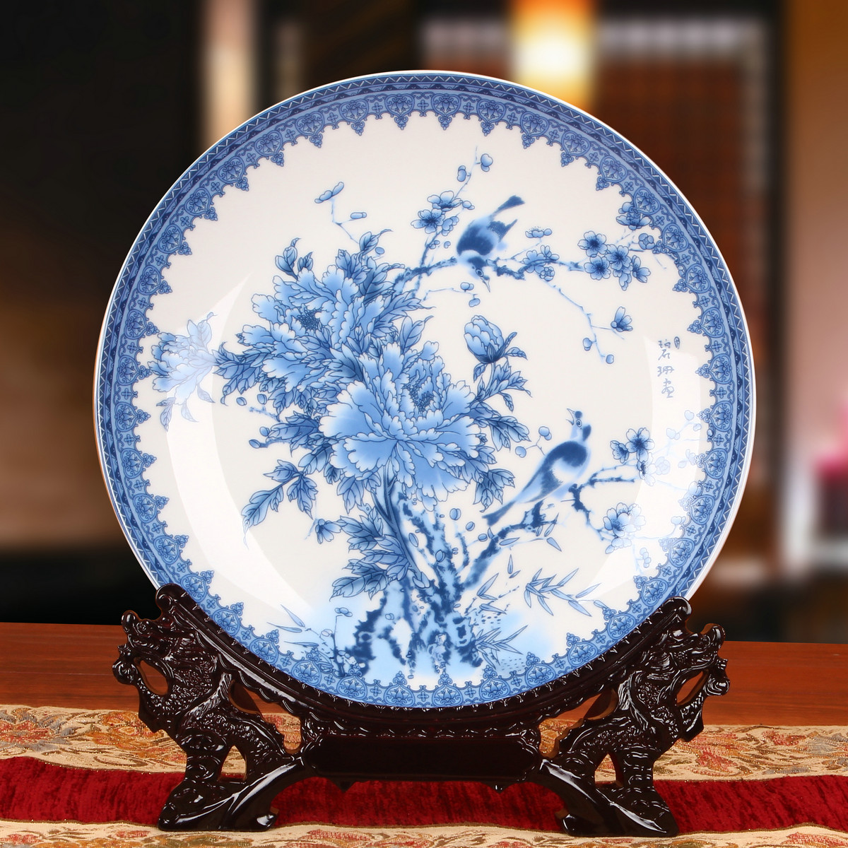 景德镇陶瓷器 青花牡丹花鸟座盘子 花盘 挂盘 简约中式装饰摆件设