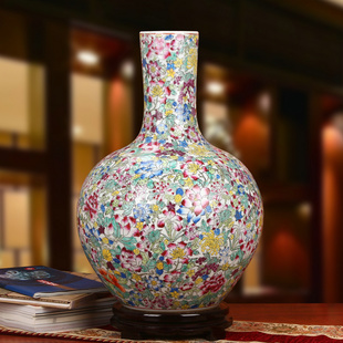 景德镇陶瓷器 高档彷古粉彩精品全手绘艺术瓷厂白底万花天球花瓶