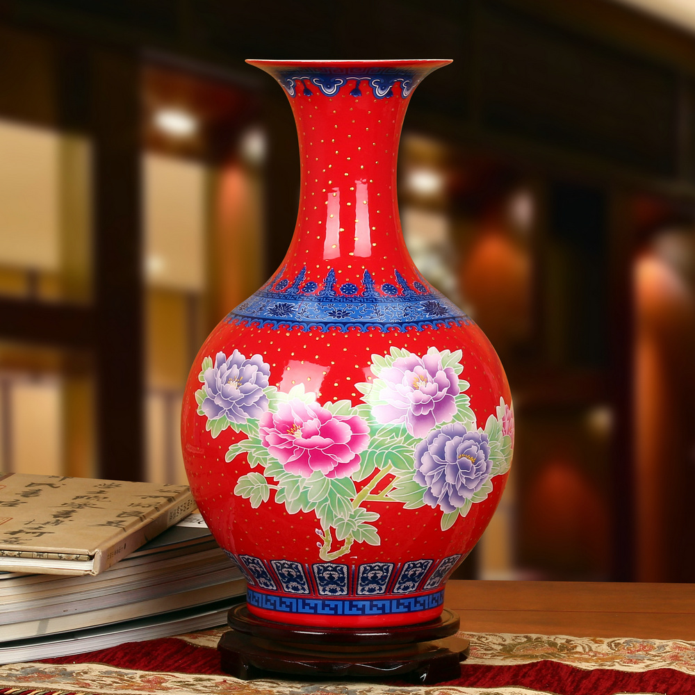 景德镇陶瓷器 高档珐琅彩中国红牡丹富贵金花瓶 现代中式家居摆件