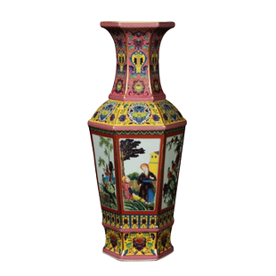 景德镇陶瓷器花瓶 古典仿古珐琅彩仕女图六方花瓶 博古架装饰摆件