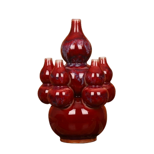 景德镇陶瓷花瓶 钧瓷仿古官窑变红花釉五子登科葫芦花瓶 中式摆件