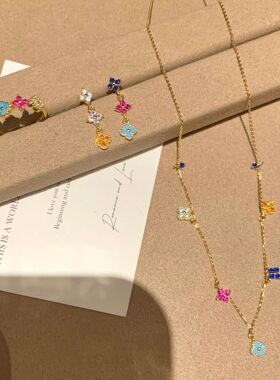 S925纯银彩虹四叶草项链耳钉戒指女中古风小众设计小红书爆款套装