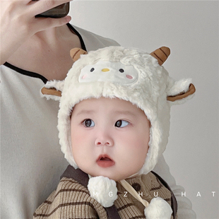 婴儿帽子秋冬款可爱卡通小羊保暖护耳毛绒帽冬天加厚加绒套头帽潮