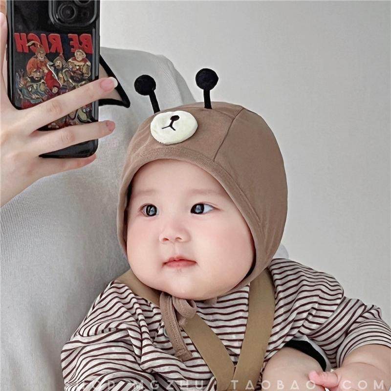 婴儿帽子春秋纯棉宝宝可爱超萌触角护耳帽韩版系带婴幼儿包头帽潮