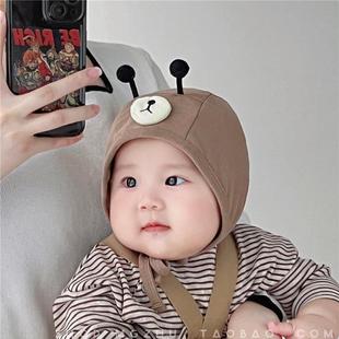 婴儿帽子春秋纯棉宝宝可爱超萌触角护耳帽韩版系带婴幼儿包头帽潮
