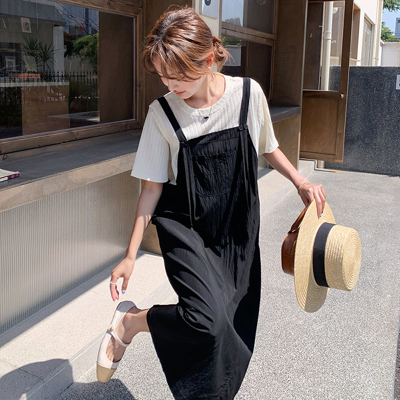 休闲遮肉假两件连衣裙女夏新款法式小个子气质减龄T恤拼接吊带裙