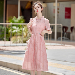 新中式国风连衣裙女夏季小个子气质收腰高端精致减龄提花显瘦裙子