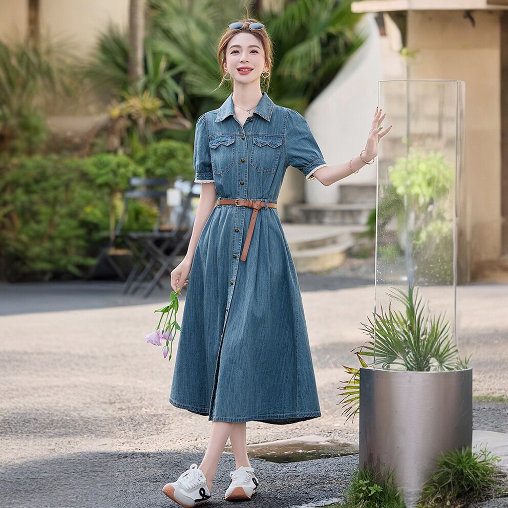 高级感薄款蕾丝拼接牛仔连衣裙女夏季又酷又飒休闲短袖收腰衬衫裙