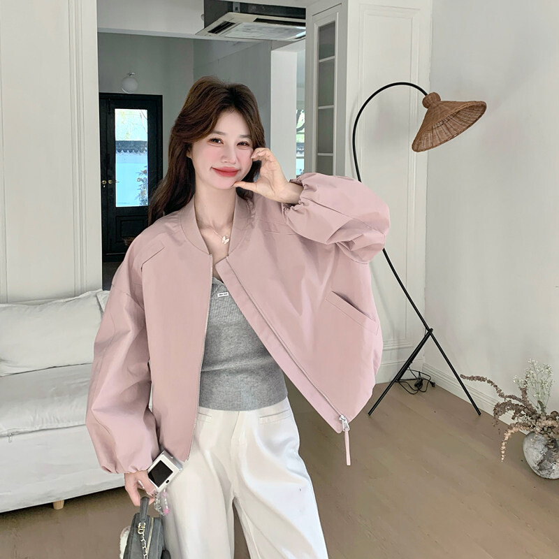 粉色韩系休闲立领短外套女2026秋季新款巨好看宽松百搭棒球服夹克