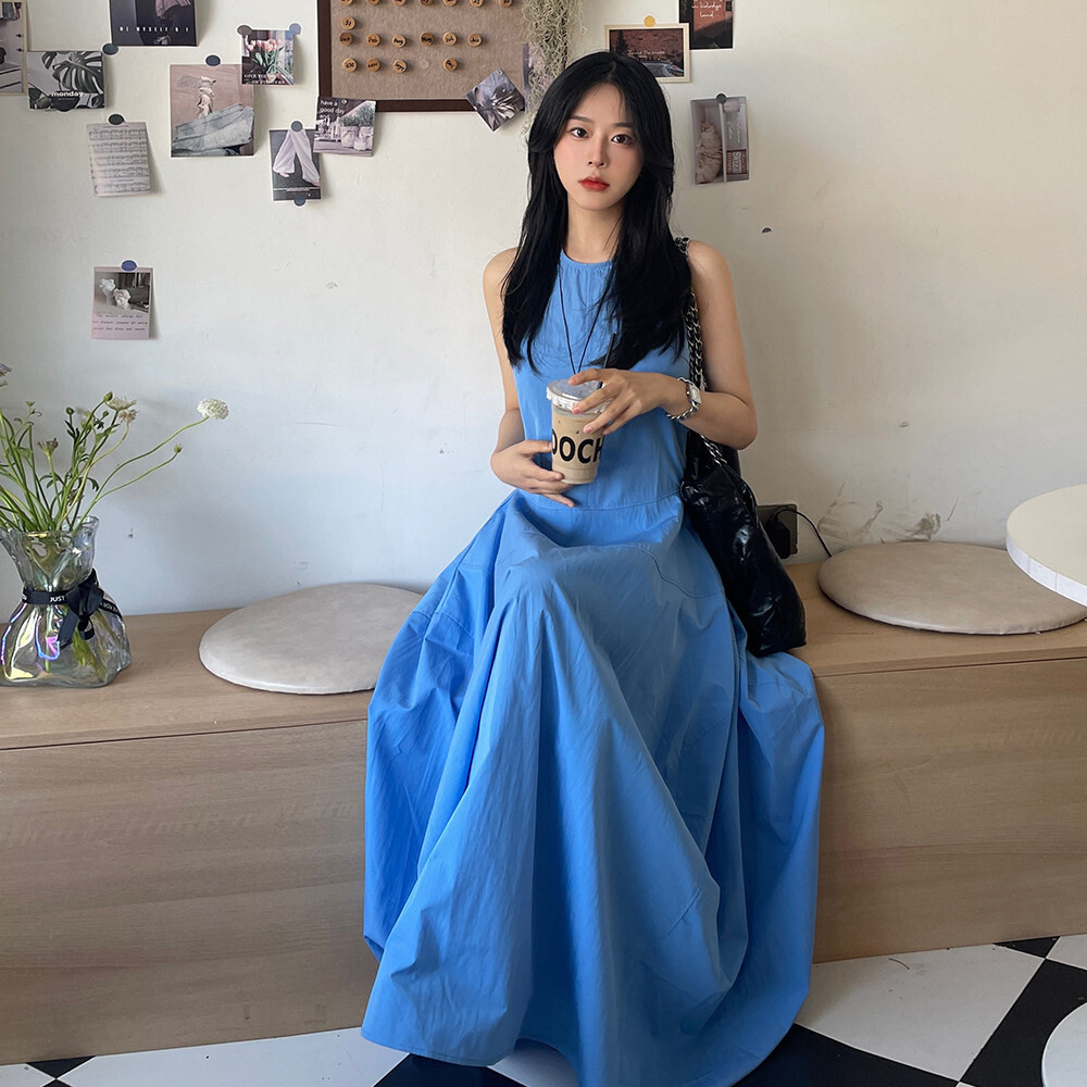 蓝色无袖背心连衣裙子女