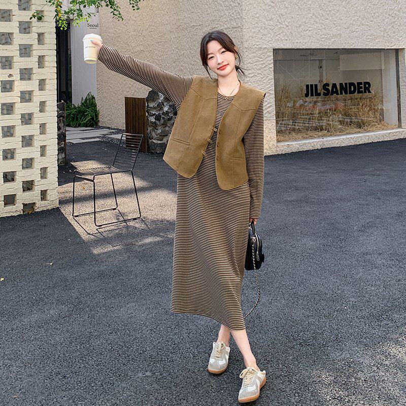 麂皮绒马甲条纹连衣裙套装女春秋韩系休闲减龄显瘦气质长裙两件套