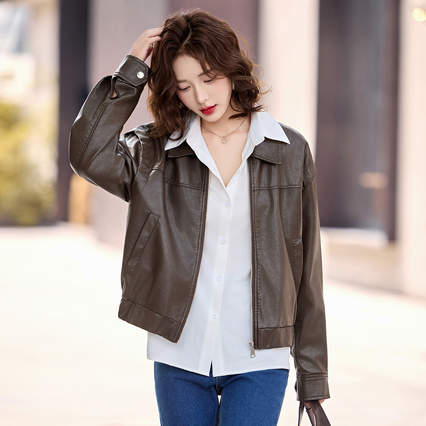 宽松洋气皮衣女夹克短款外套春秋新款港风气质时尚休闲机车服上衣