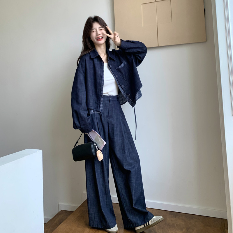 格纹拼接牛仔外套阔腿裤套装女春秋新款又酷又飒穿搭高级感一整套