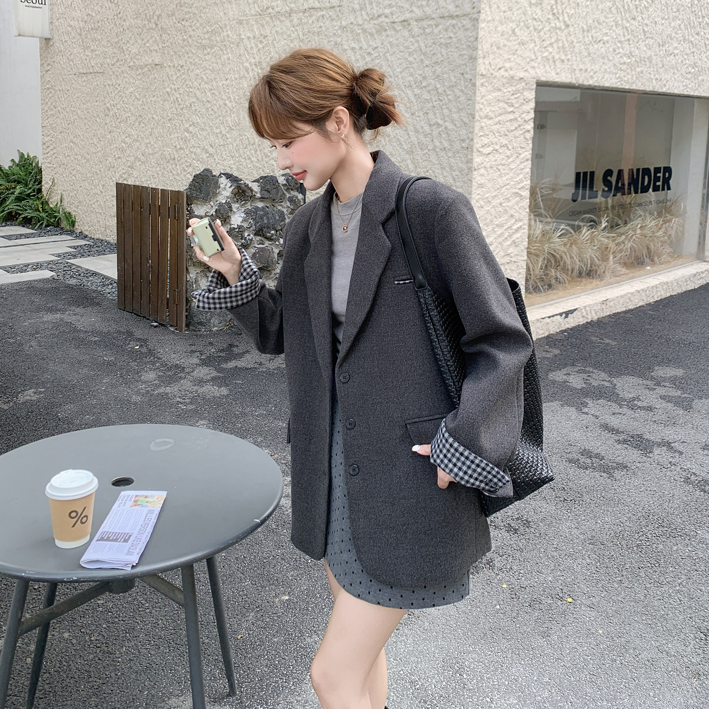 韩系灰色格子拼接西装毛呢外套女秋冬2026新款气质高端精致感大衣