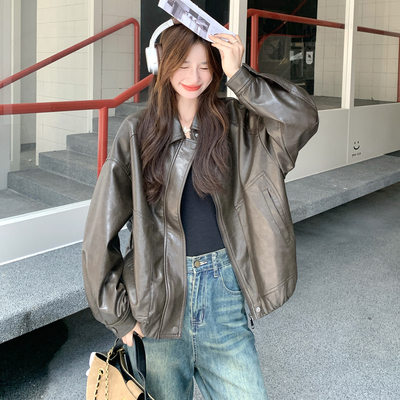 美式复古皮衣外套女秋季新款高级感宽松oversize休闲机车夹克上衣
