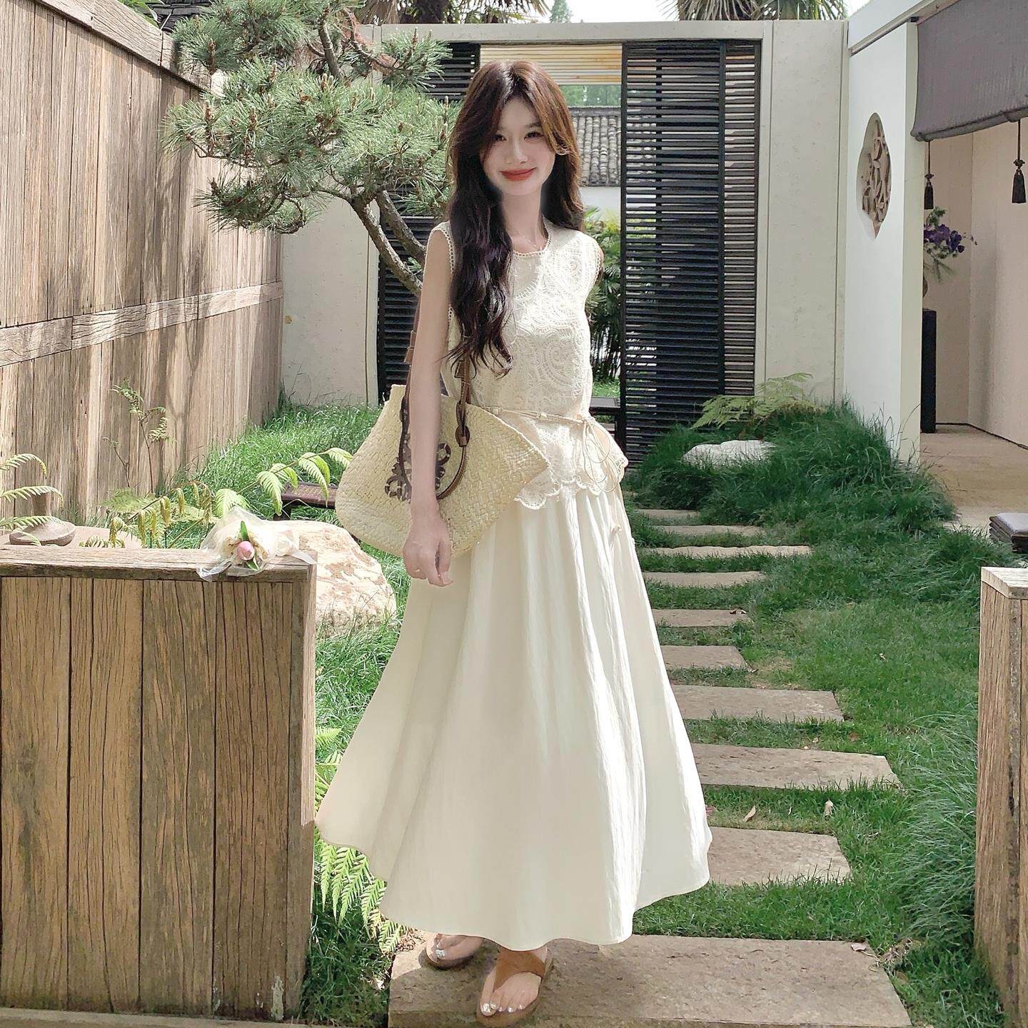 法式温柔蕾丝钩花无袖背心上衣套装长裙女夏高腰显瘦半身裙两件套